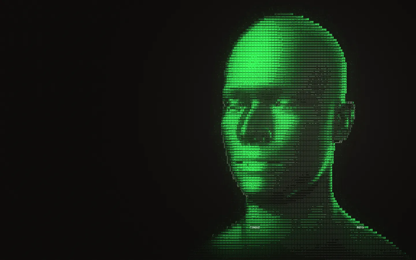 Günther as a bust rendered in characters, modelled by a green light from the side.